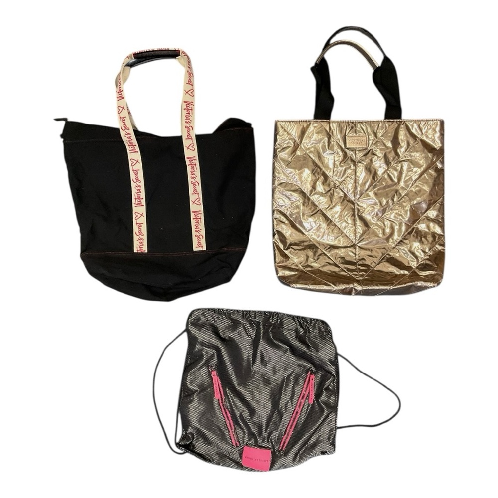 🖤✨ Victoria’s Secret Bag Lot (3) — Tote +‎ Gold Shopper + Drawstring Gym Bag